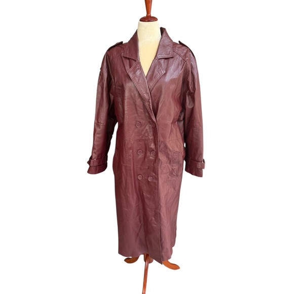 Vintage Women's Burgundy Genuine Leather Trench Coat Size 1X Size 14/16 - Picture 4 of 17